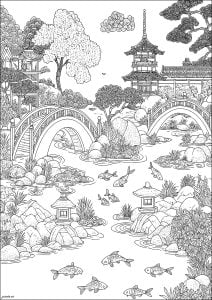 Japanese garden revisited. Original design inspired by Japanese gardens, with carp ponds, curved bridges and traditional pagodas Japanese garden revisited