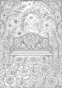 A pretty bench in a flower garden