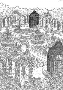 Baroque garden with peacocks and fountains