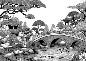 Asian garden. Beautiful garden with bridge, pond and temples. Intricate graphic style for hours of relaxation. Asian garden