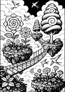 Gardens hanging in the clouds. Pass through a dreamlike world of floating islands, giant geometric flowers and spiraling trees linked by a suspension bridge. All around, birds twirl in a cottony sky. A fairytale world to color with imagination and gentleness. Gardens hanging in the clouds