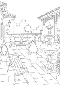 Art Nouveau-style winter garden terrace. A terraced winter garden atop an Art Nouveau building, filled with plants in ornate ceramic pots, sculpted fountains, wrought-iron trellises and antique benches. Art nouveau style winter garden terrace