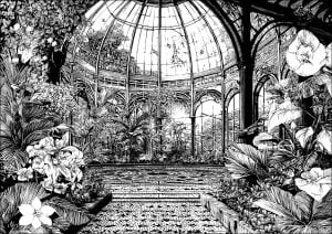 Former botanical greenhouse. An antique glass and wrought-iron botanical greenhouse filled with tropical plants with exuberant foliage, ferns, giant orchids, twisted lianas and a mosaic floor with floral motifs. Former botanical greenhouse