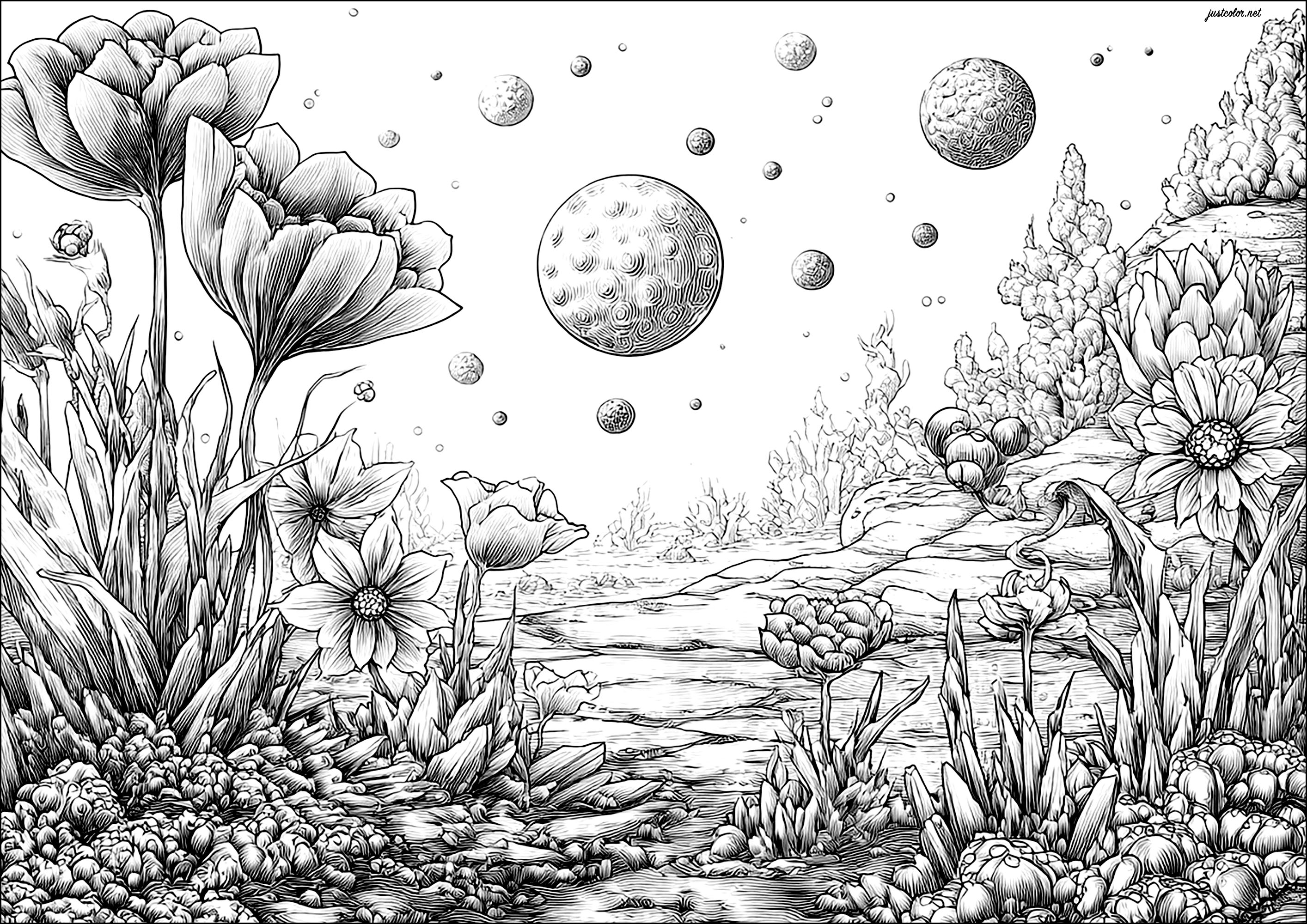 Garden from another planet (Printable Wonderful Gardens Coloring Page for adults)