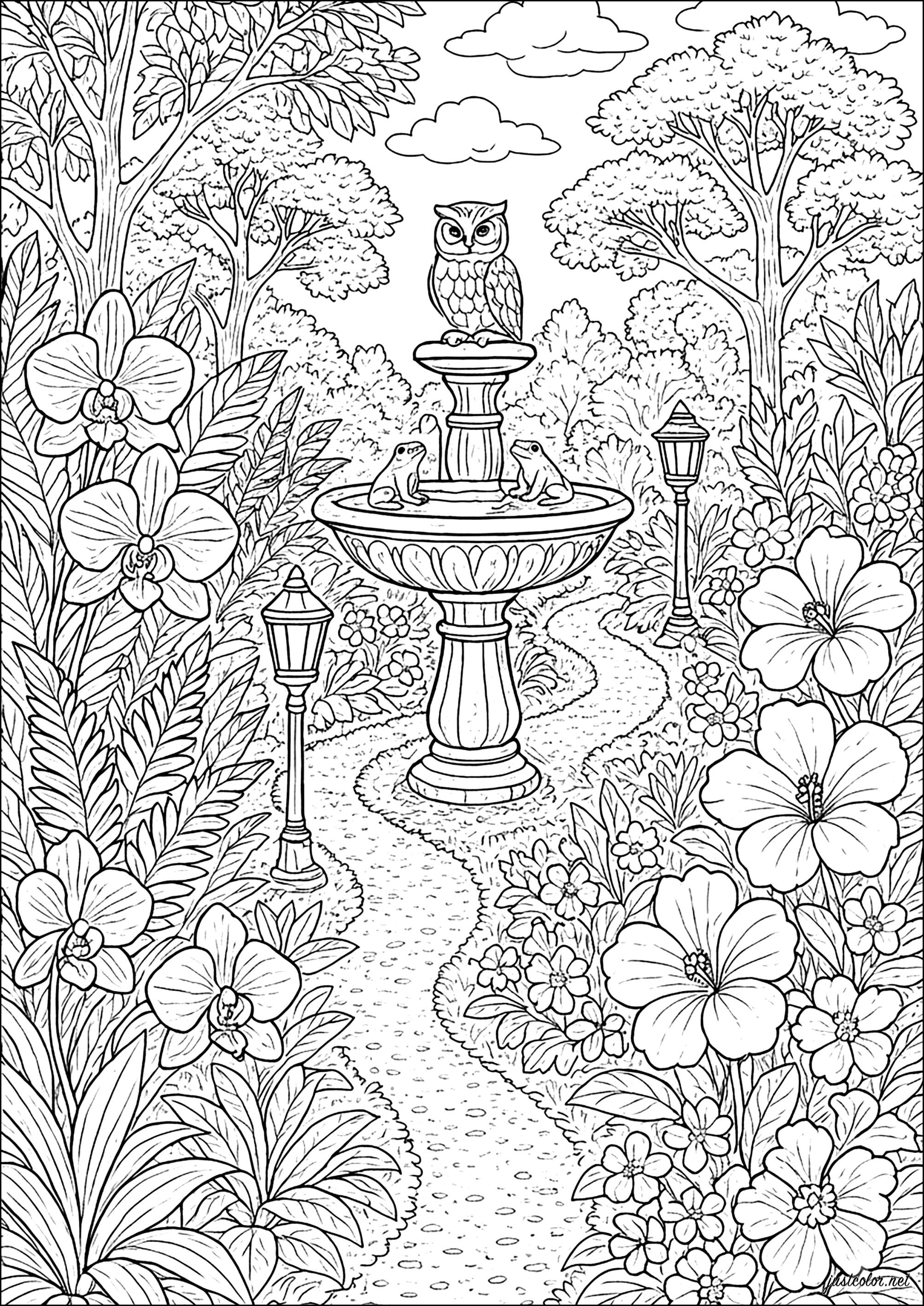 The serenity of an enchanting garden (Printable Wonderful Gardens Coloring Page for adults)