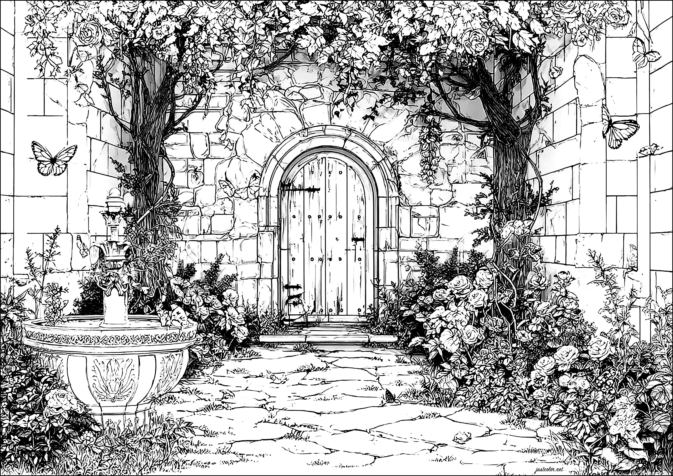 Romantic secret garden (Printable Wonderful Gardens Coloring Page for adults)