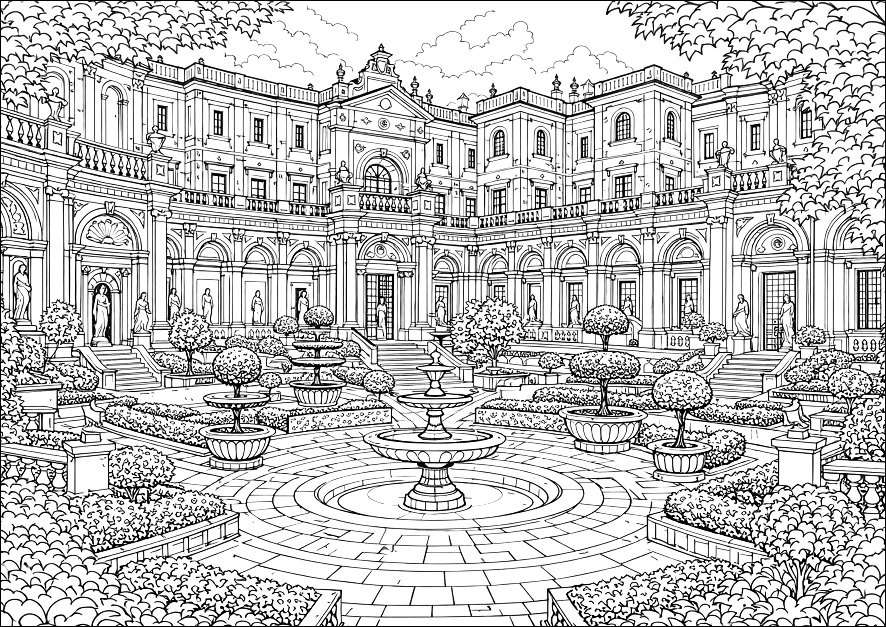 Magnificent Renaissance garden (Printable Wonderful Gardens Coloring Page for adults)