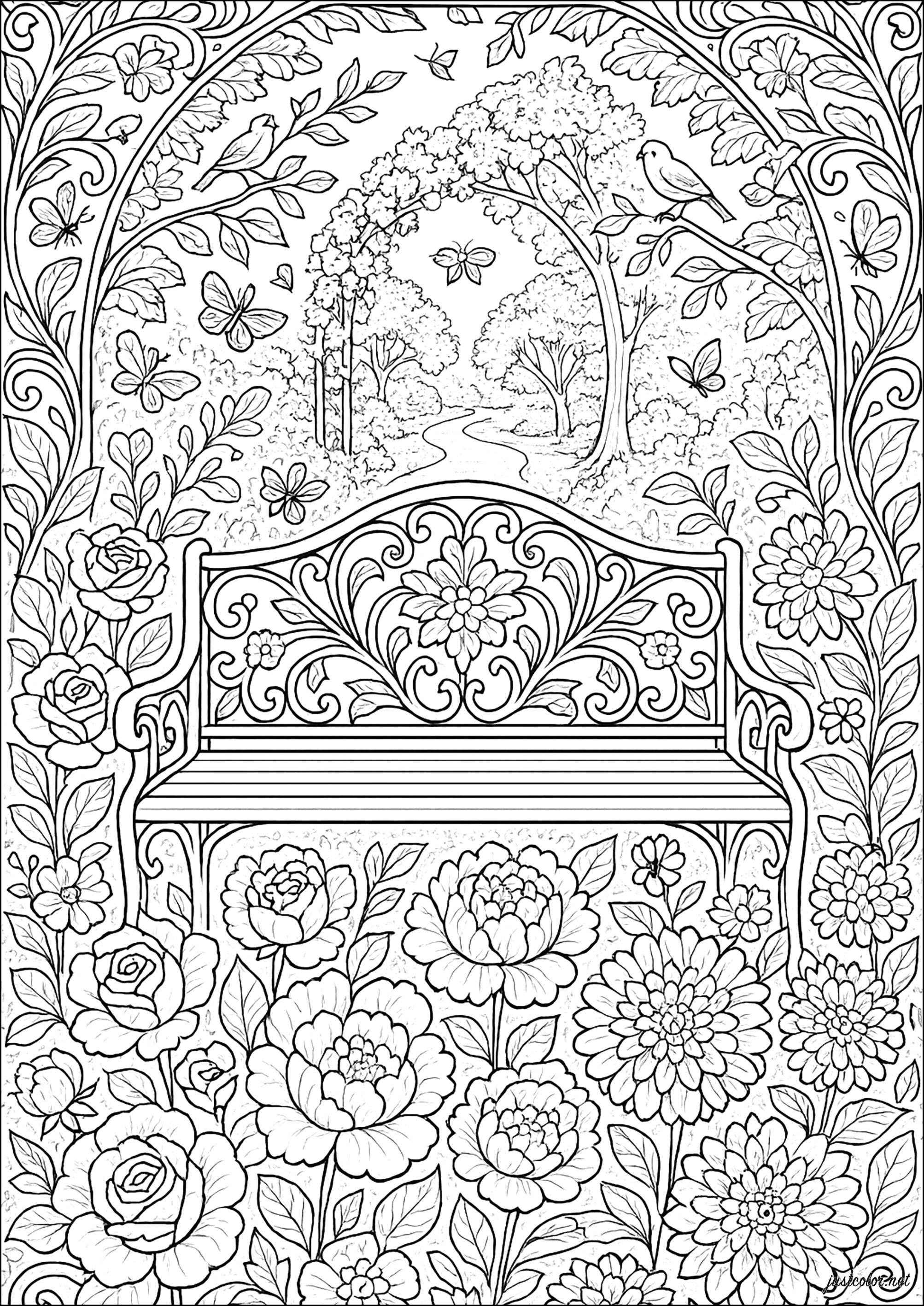 A pretty bench in a flower garden (Printable Wonderful Gardens Coloring Page for adults)