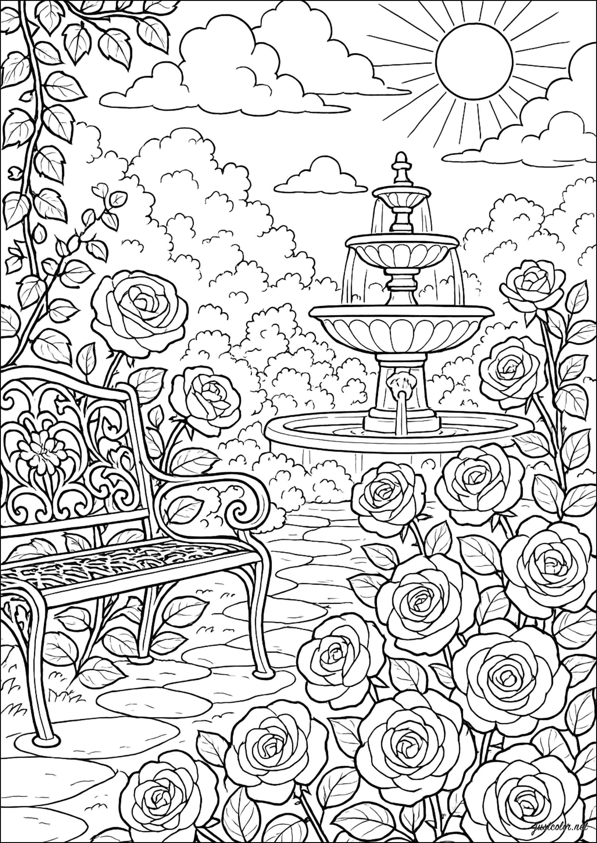 Victorian Rose Garden (Printable Wonderful Gardens Coloring Page for adults)