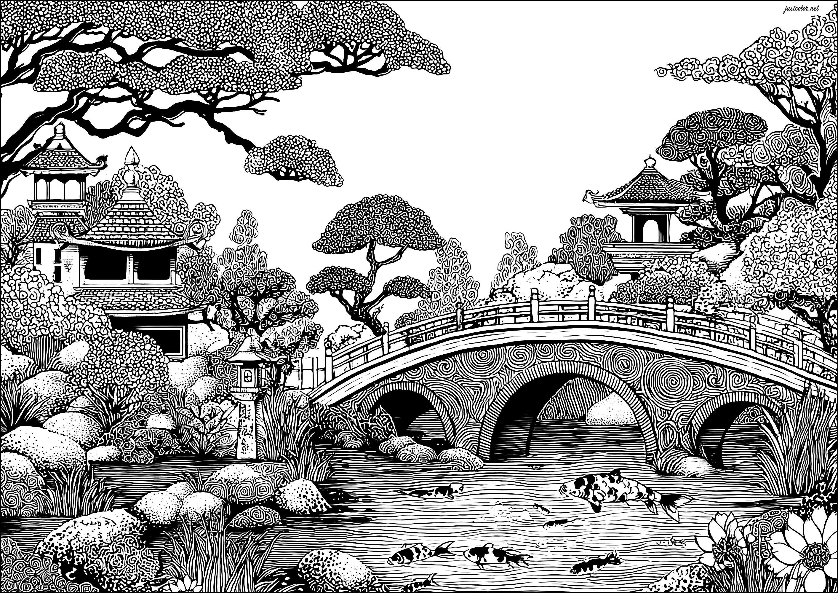 Asian garden (Printable Wonderful Gardens Coloring Page for adults)