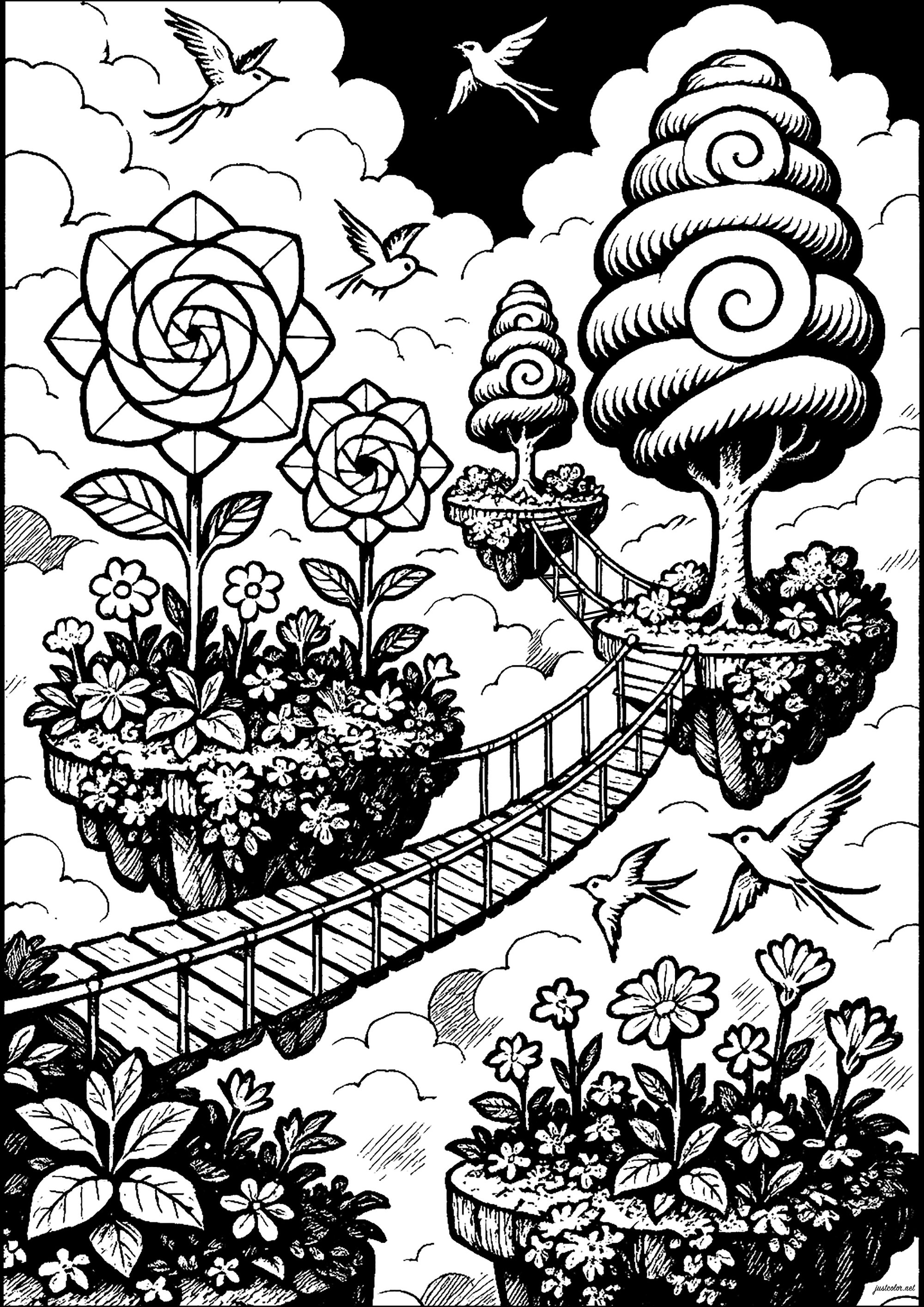 Gardens hanging in the clouds (Printable Wonderful Gardens Coloring Page for adults)