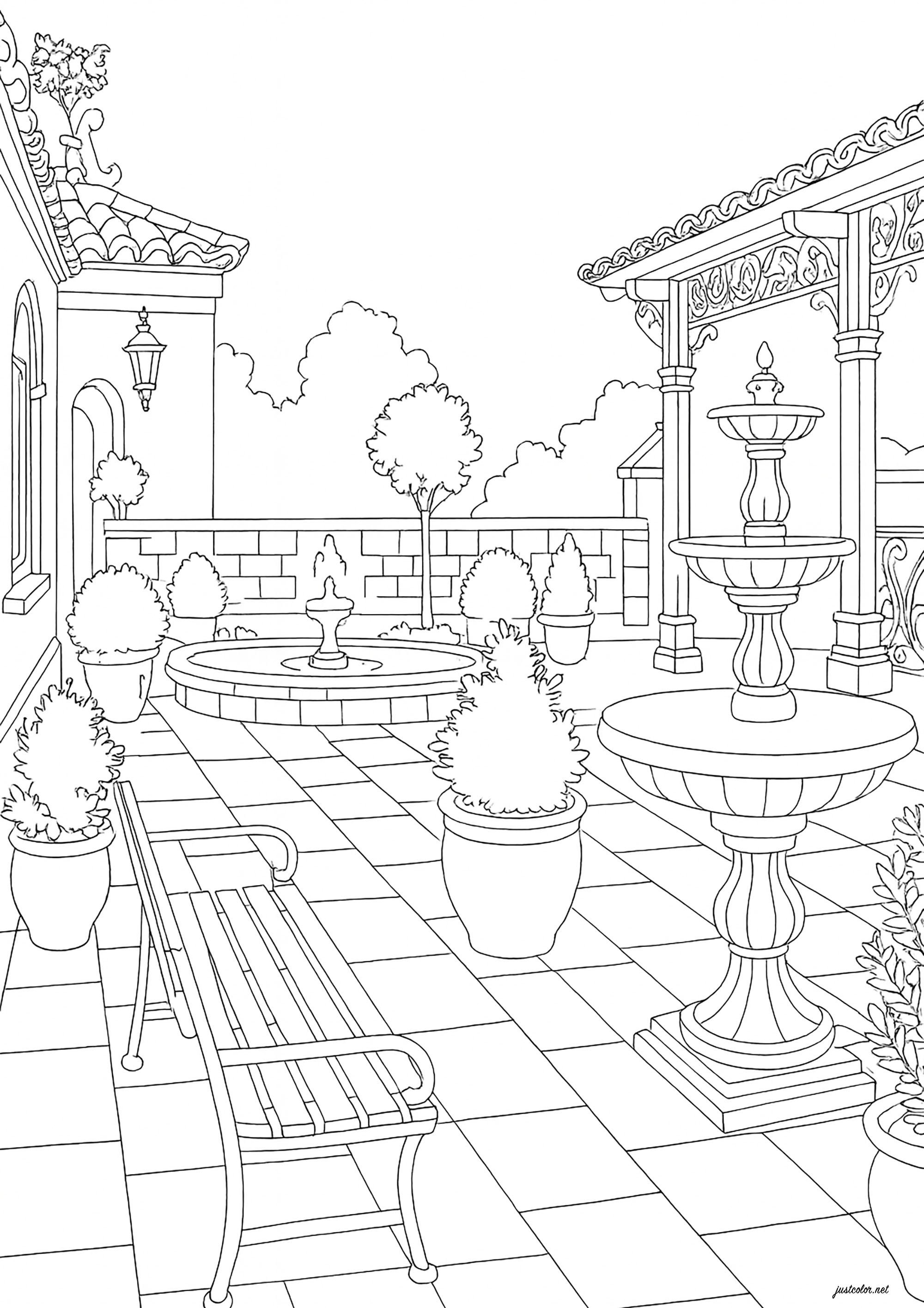 Art Nouveau-style winter garden terrace (Printable Wonderful Gardens Coloring Page for adults)