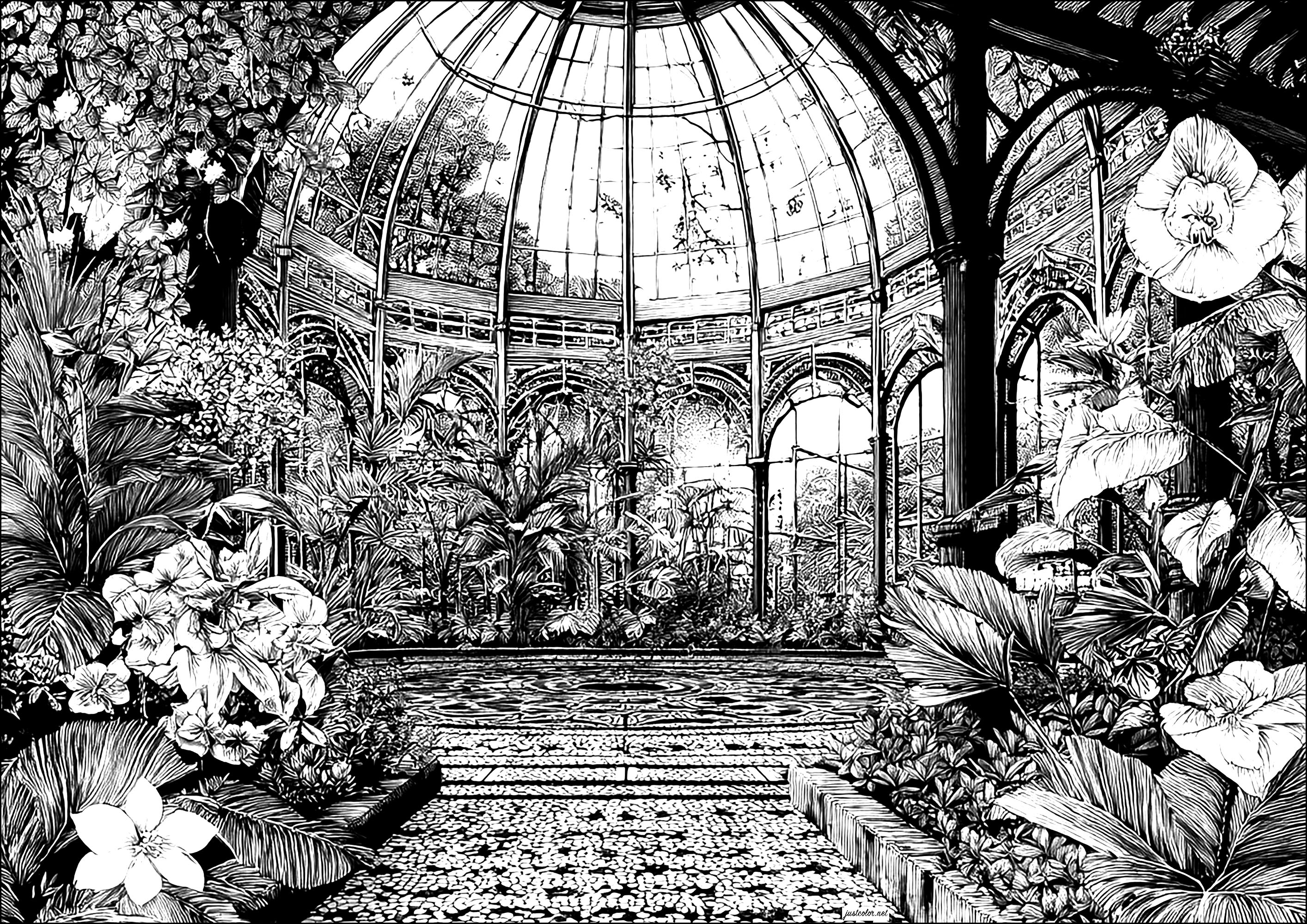 Former botanical greenhouse (Printable Wonderful Gardens Coloring Page for adults)
