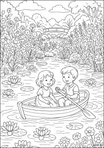 Boat trip in Claude Monet's garden (Wonderful Gardens Coloring Page)