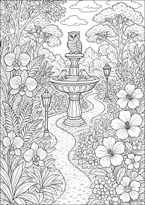 The serenity of an enchanting garden (Wonderful Gardens Coloring Page)