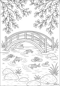 Bridge, Japanese cherry blossom and Carpesa Koï (Wonderful Gardens Coloring Page)