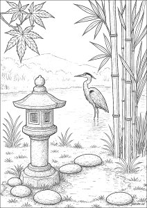Traditional Japanese Garden near a Pond (Wonderful Gardens Coloring Page)