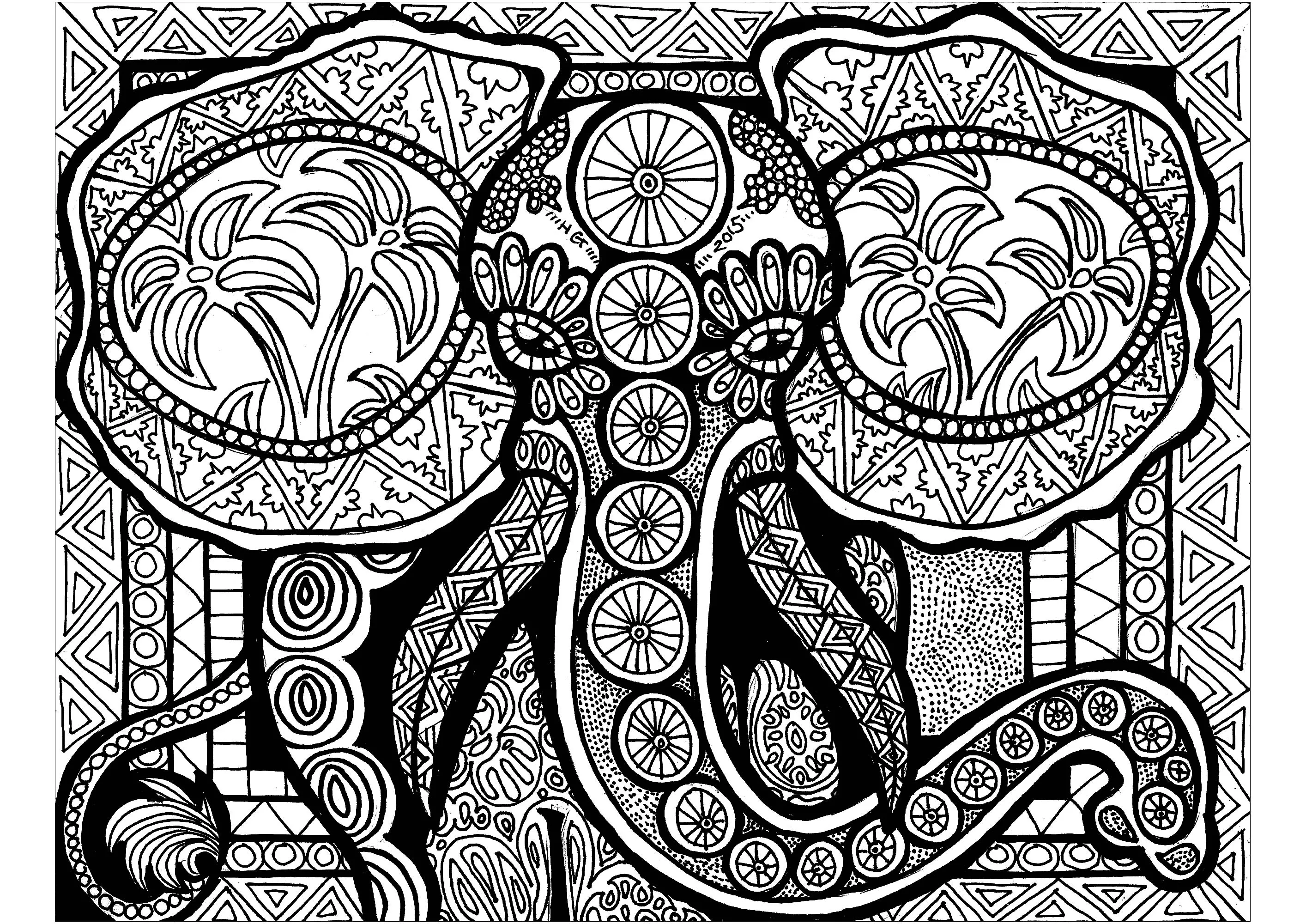 Lines of the elephant (Printable Zentangle Coloring Page for adults)