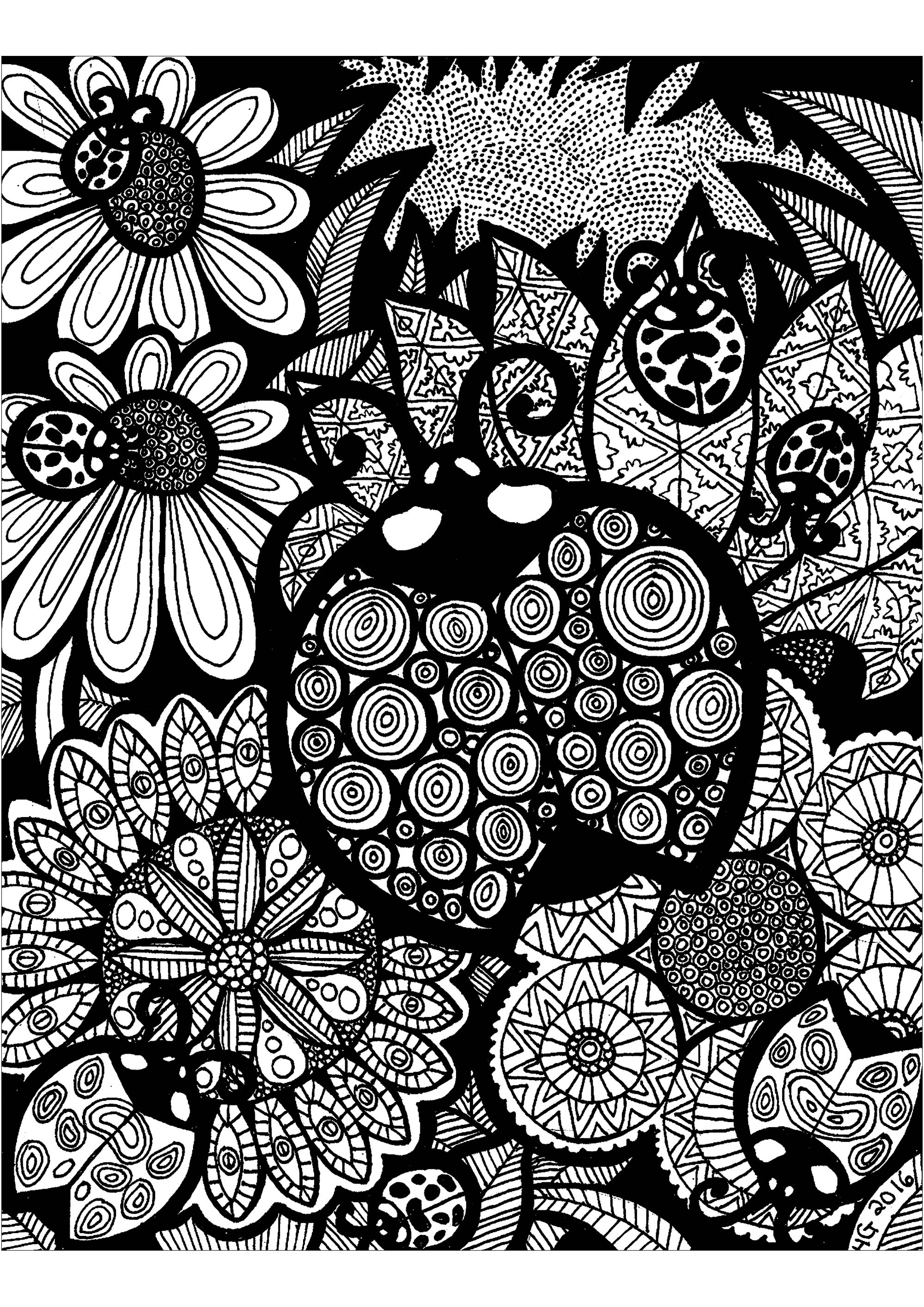 This beautiful ladybug walking around Zentangle flowers needs a coloring!, Artist : HGCreative. Arts