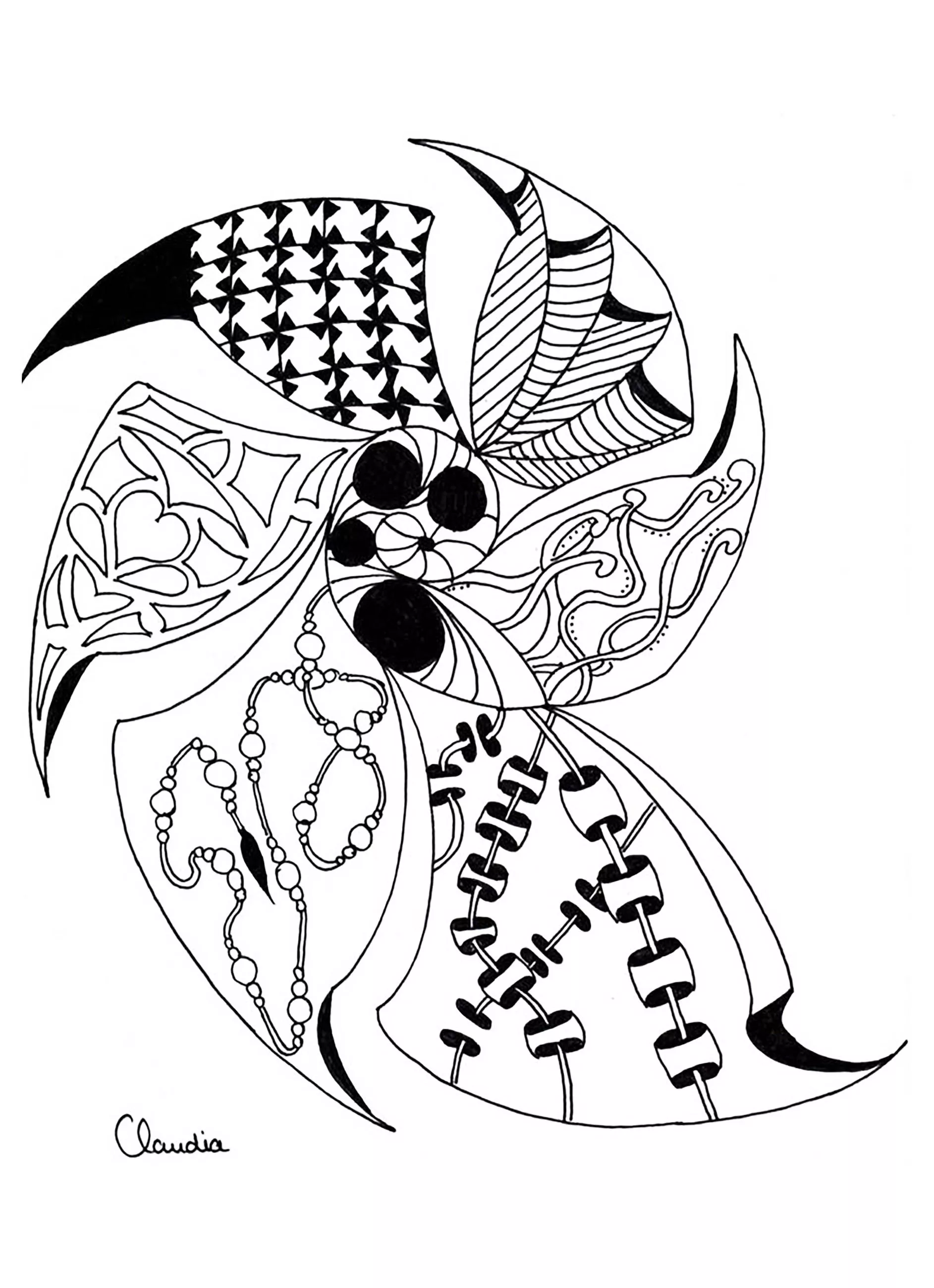 Abstract zentangle with various patterns (Printable Coloring Page for adults)