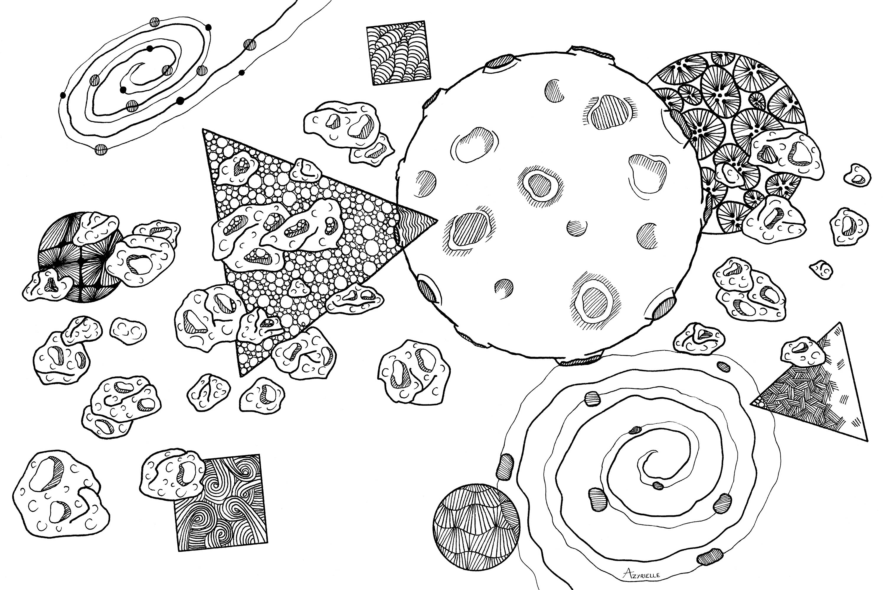 Discover this crazy galaxy in Zentangle style!. Let yourself be carried away in this crazy galaxy and discover asteroids and planets drawn in a Zentangle style.Let's go, get out your pencils and explore this strange universe .., Artist : Azyrielle