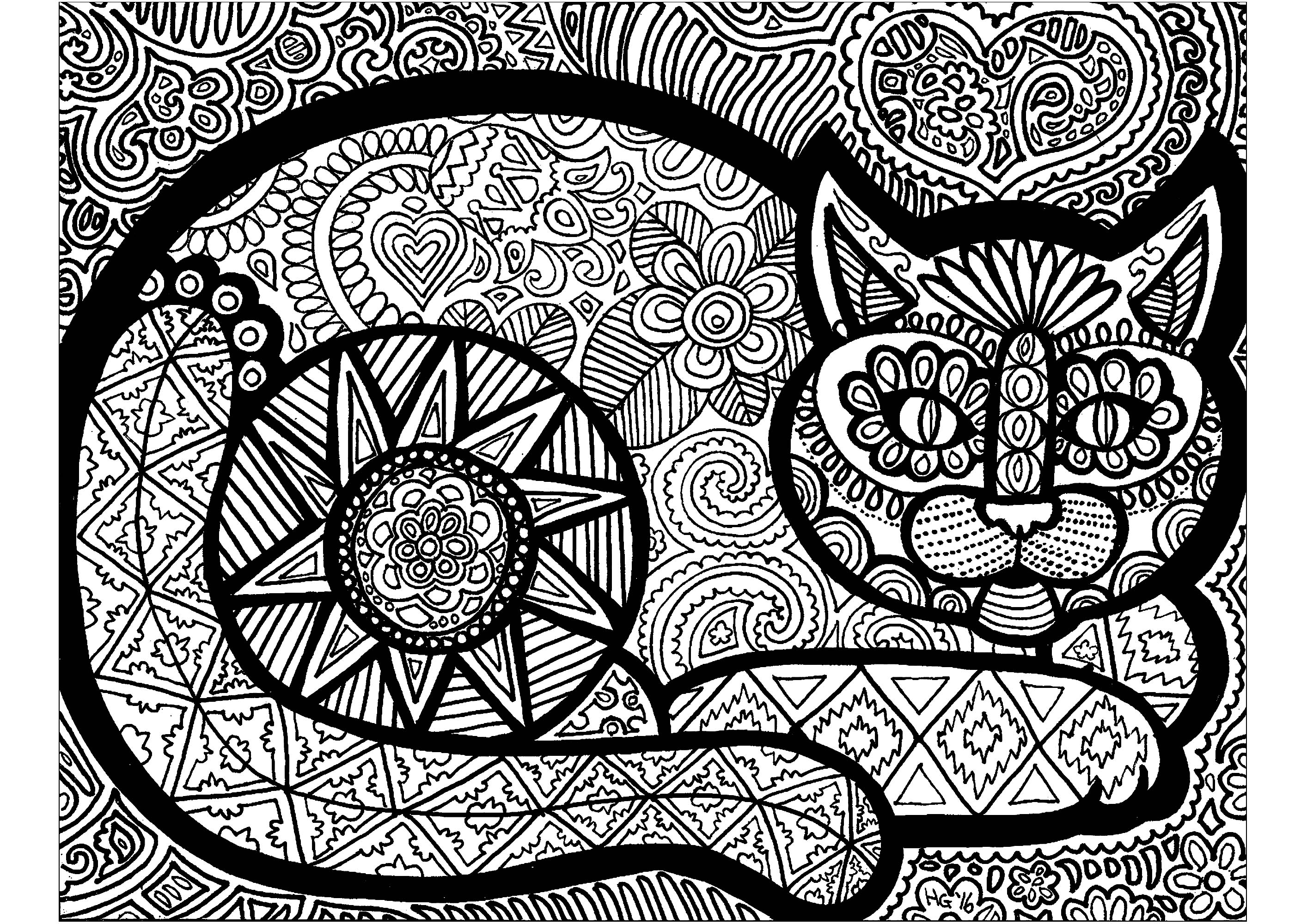 Lines of the cat - Zentangle Adult Coloring Pages