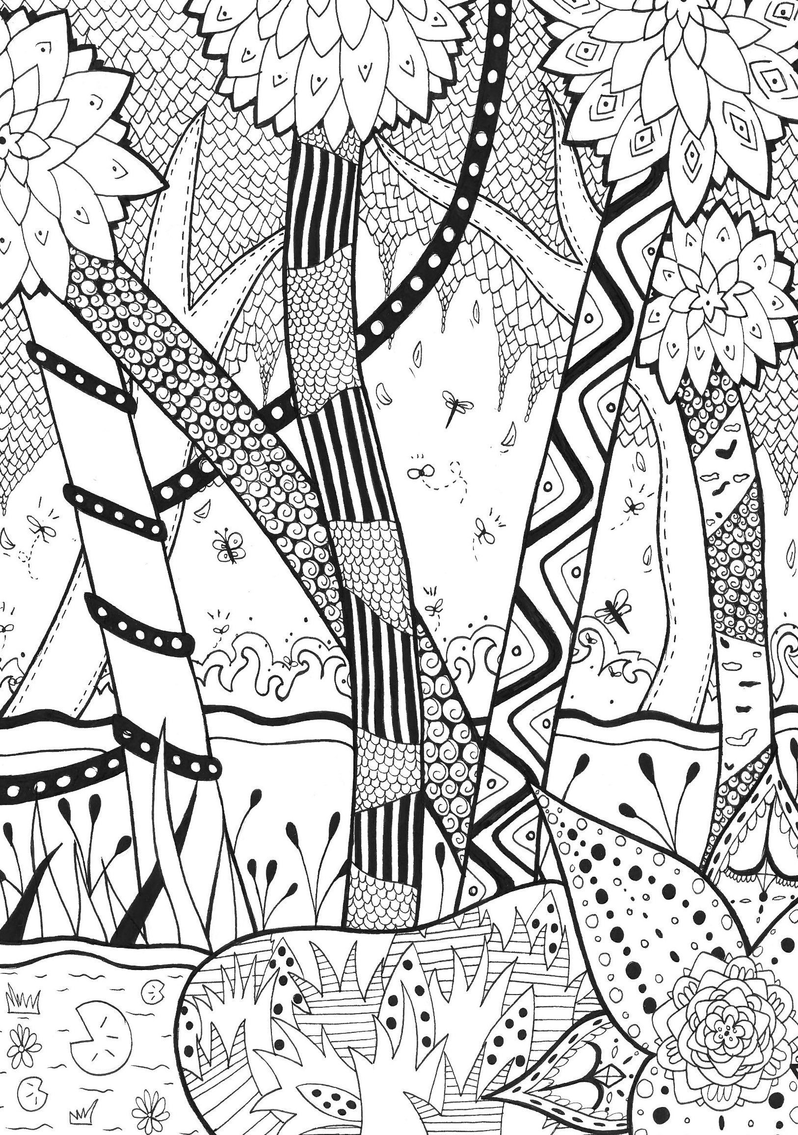 Enter the magical Zentangle forest for a coloring session!. The tree trunks and other elements of this landscape feature various types of Zentangle patterns, Artist : Rachel