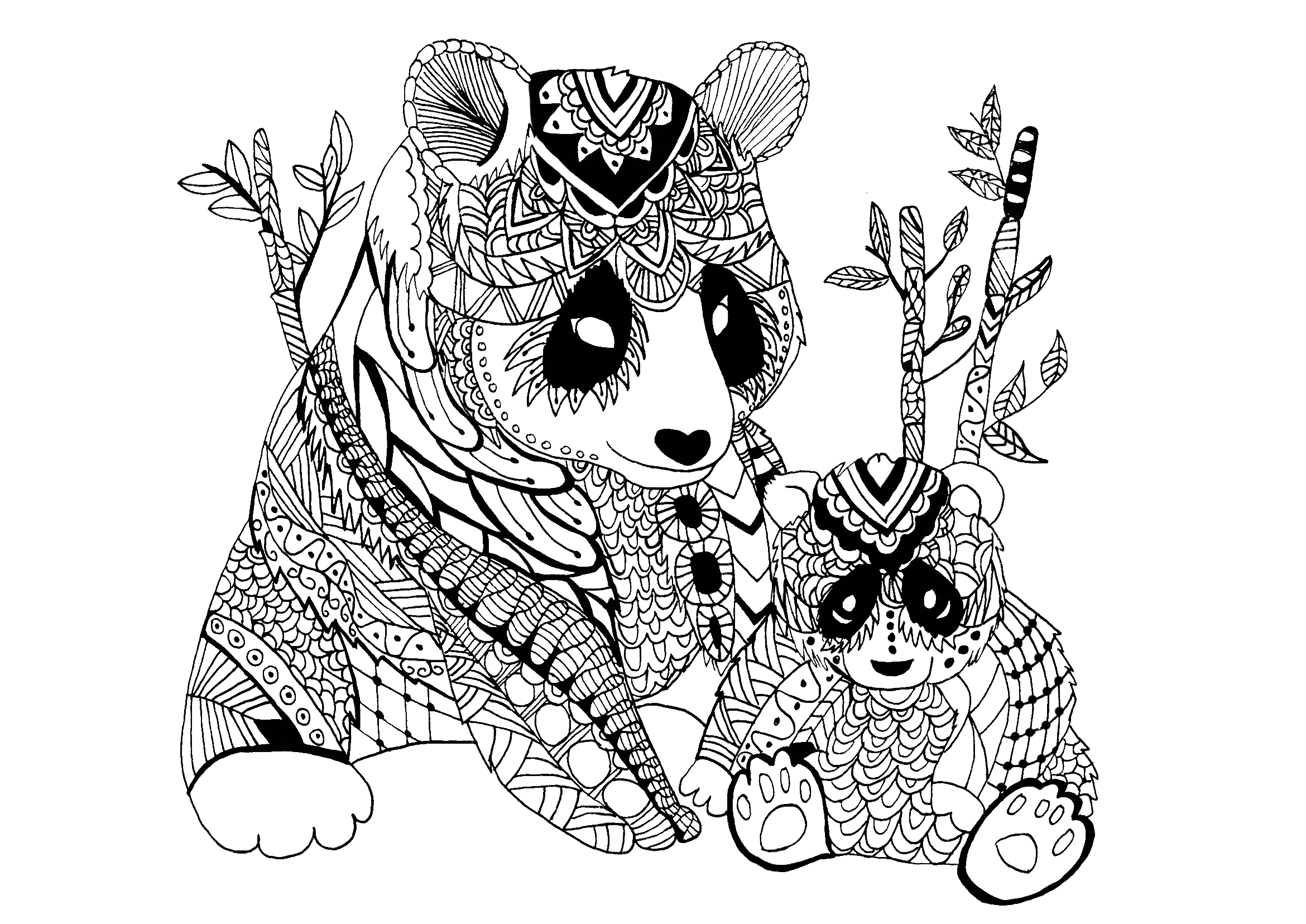 Panda mother with baby, drawn in Zentangle style, Artist : Celine