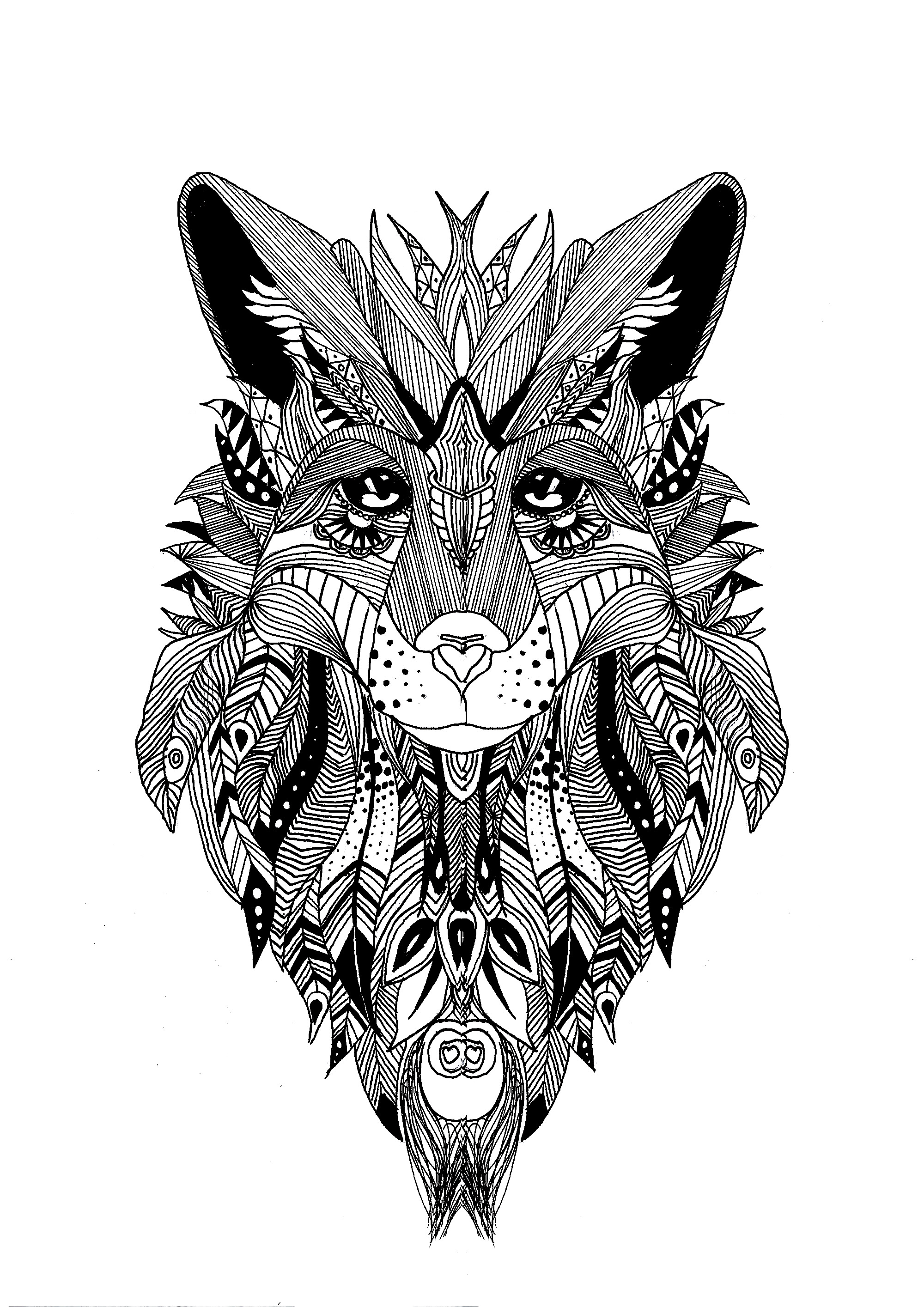 Coloring page a wolf drawn with the style of zentangle and some feathers in his fur, Artist : Krissy