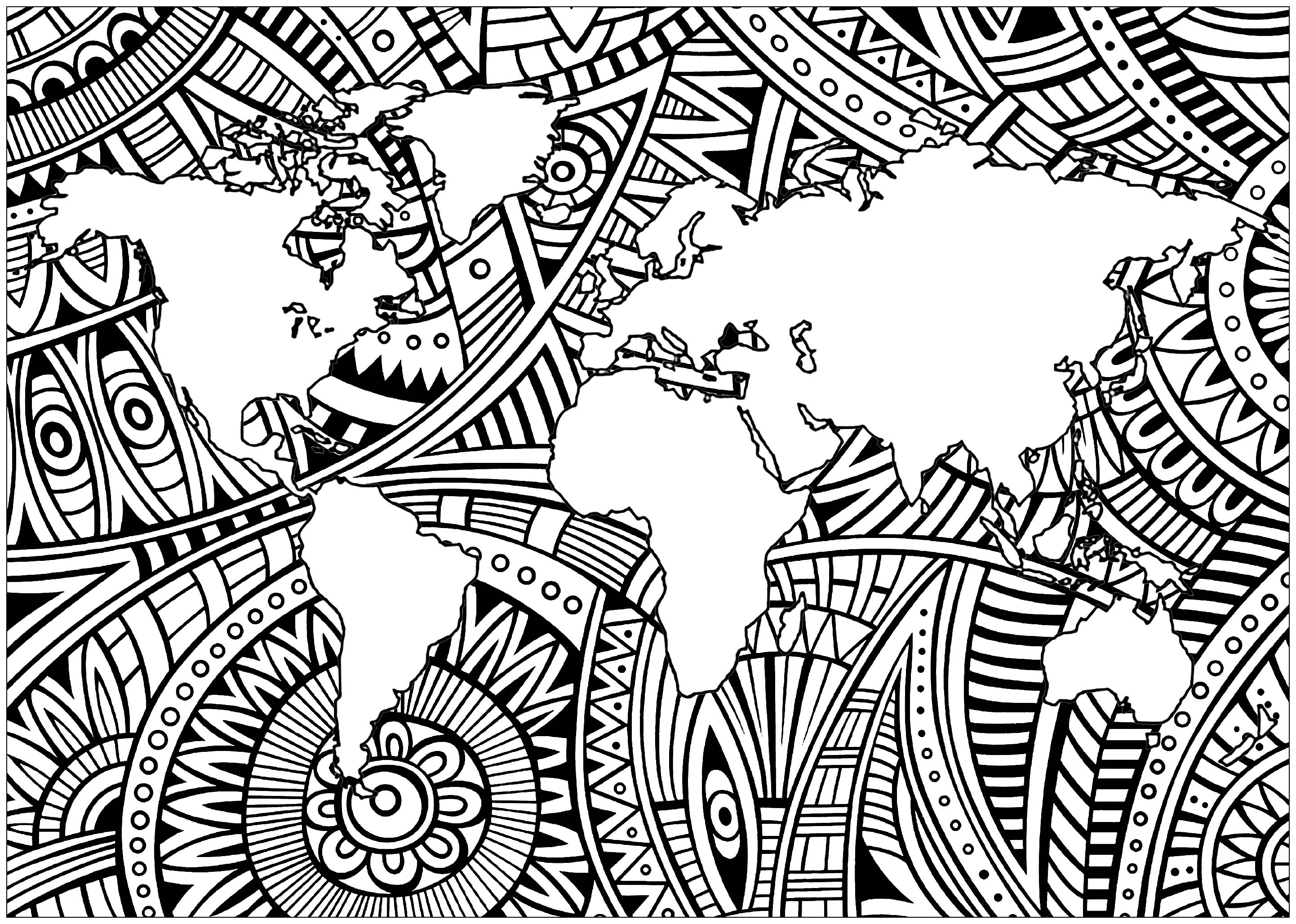 Our planet Earth and its continents, with simple Zentangle patterns outside the continents, Artist : Art. Isabelle