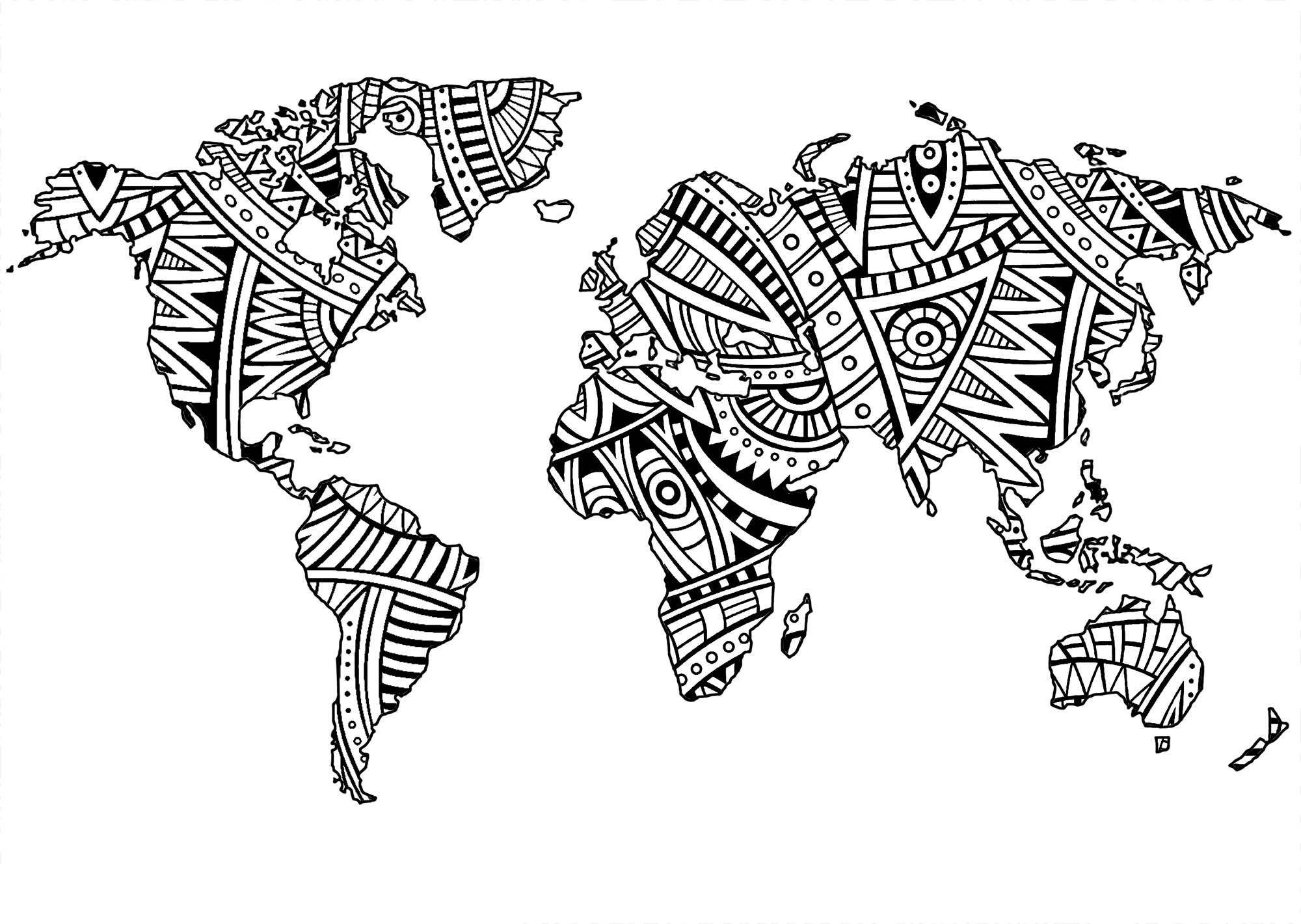 Our planet Earth and its continents, with simple Zentangle patterns inside the continents
