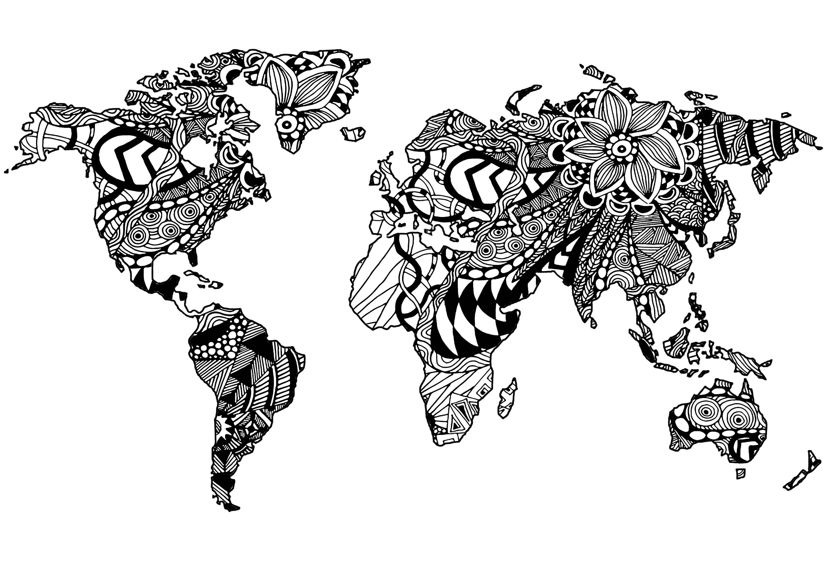 Our planet Earth and its continents, with complex Zentangle patterns inside the lands