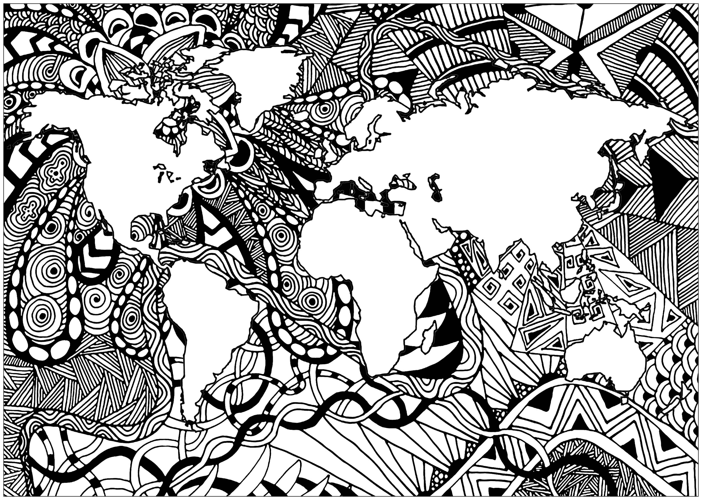 Our planet Earth and its continents, with complex Zentangle patterns outside the lands, Artist : Art. Isabelle