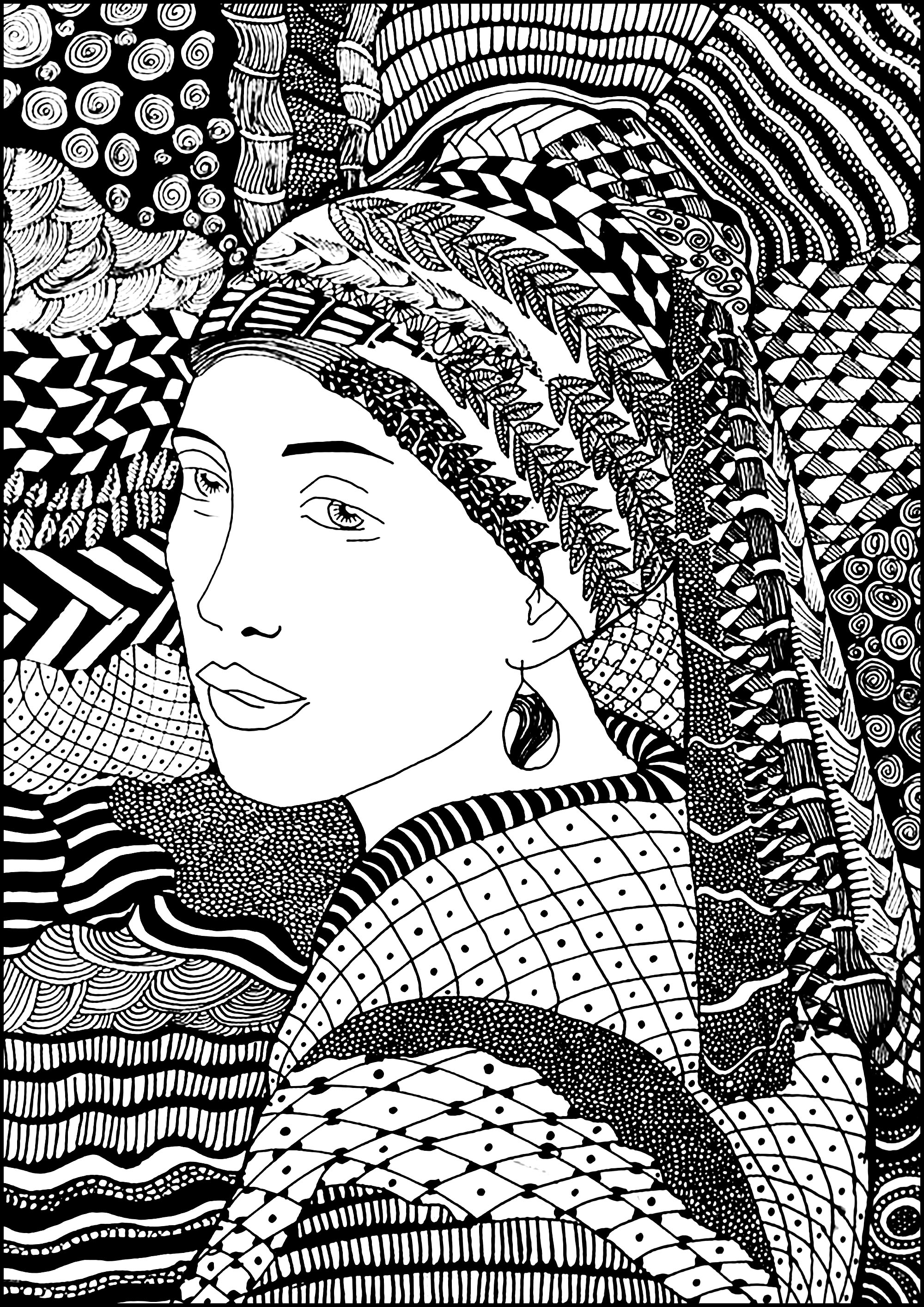 Zentangle drawing based on Girl with a Pearl Earring (Coloring Page) Zentangle drawing based on Girl with a Pearl Earring (Printable Coloring Page for adults)