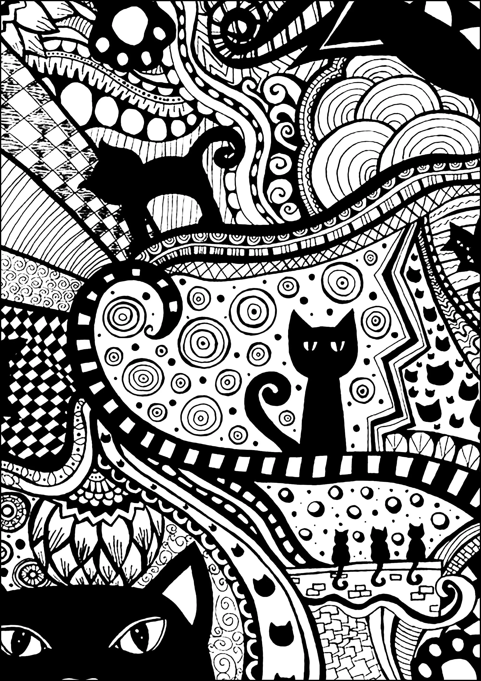 Black cats (Printable Zentangle Coloring Page for adults)