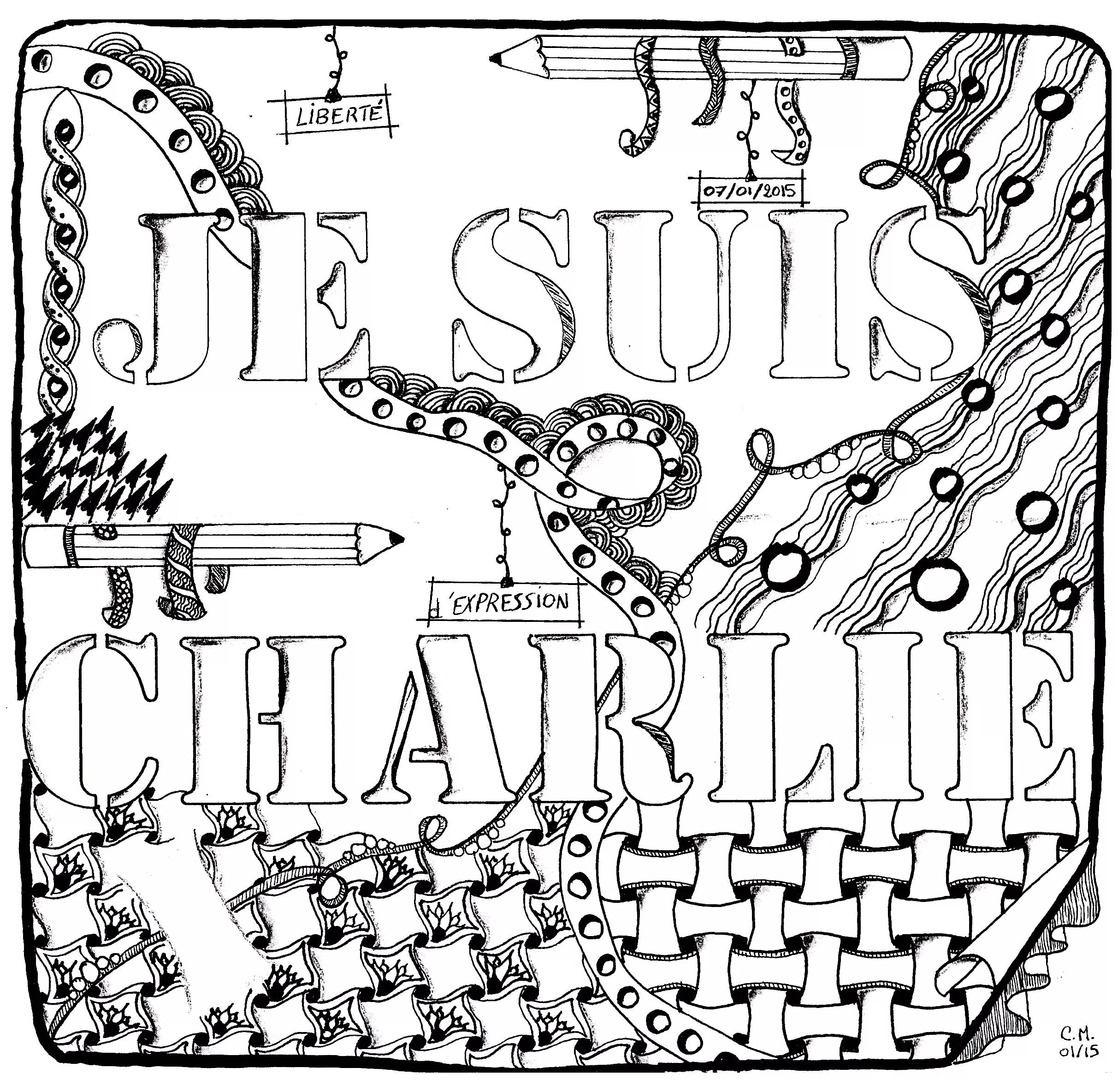 Tribute to Charlie Hebdo (Printable Zentangle Coloring Page for adults)