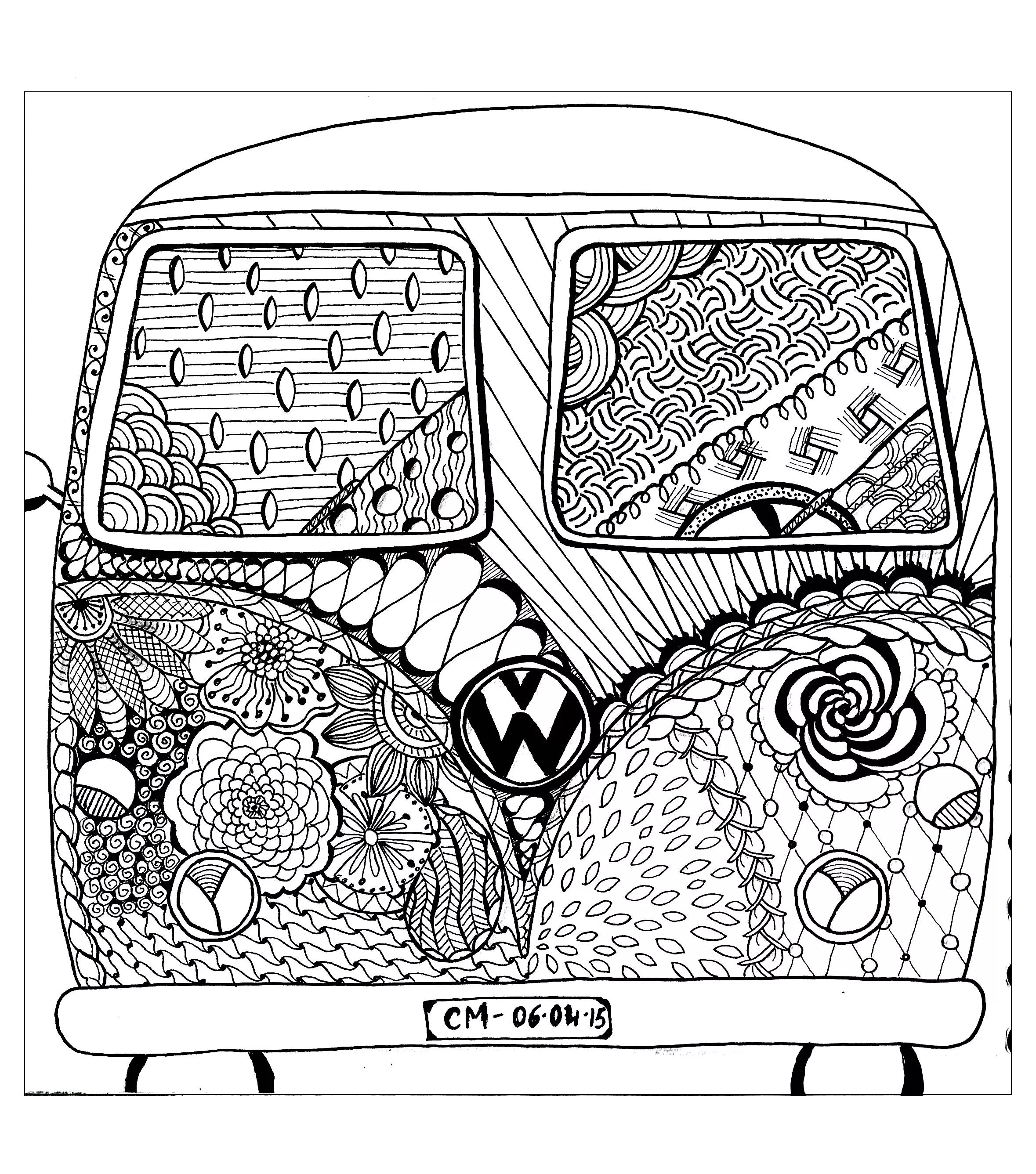 Hippie camper (Printable Zentangle Coloring Page for adults)