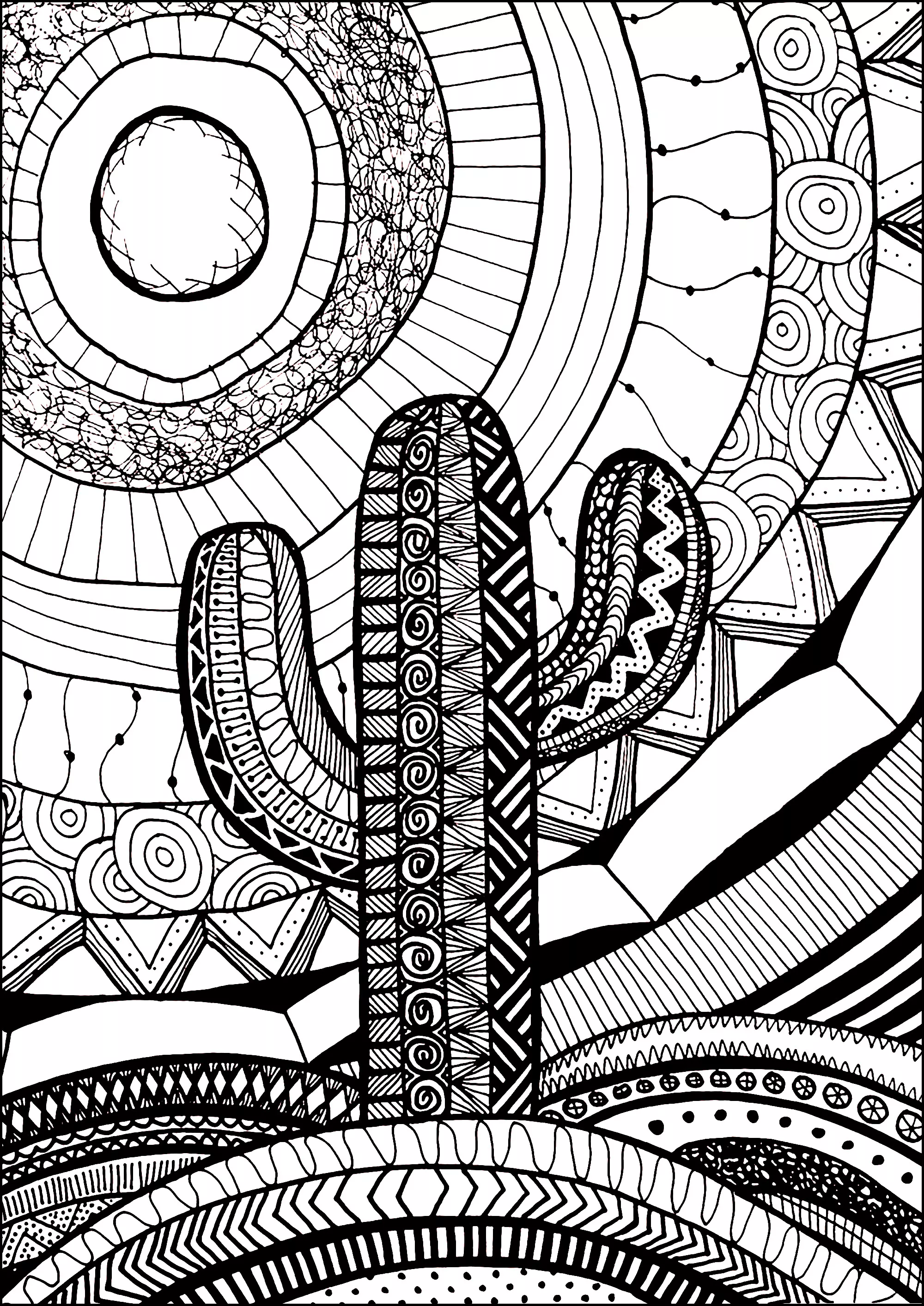 Cactus in the sun (Printable Zentangle Coloring Page for adults)