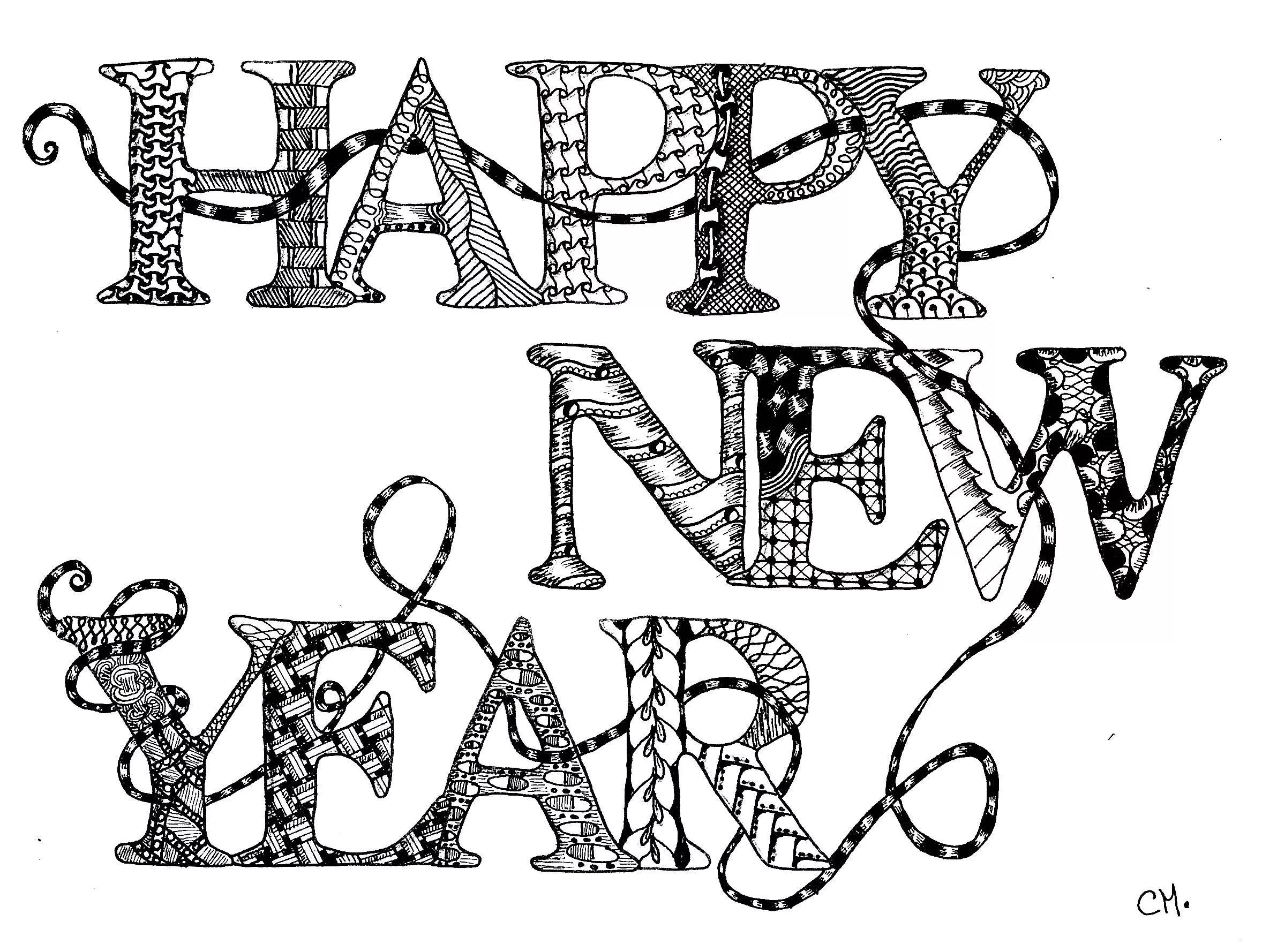 Happy New Year (Printable Zentangle Coloring Page for adults)
