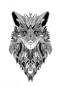 Coloring page a wolf drawn with the style of zentangle and some feathers in his fur