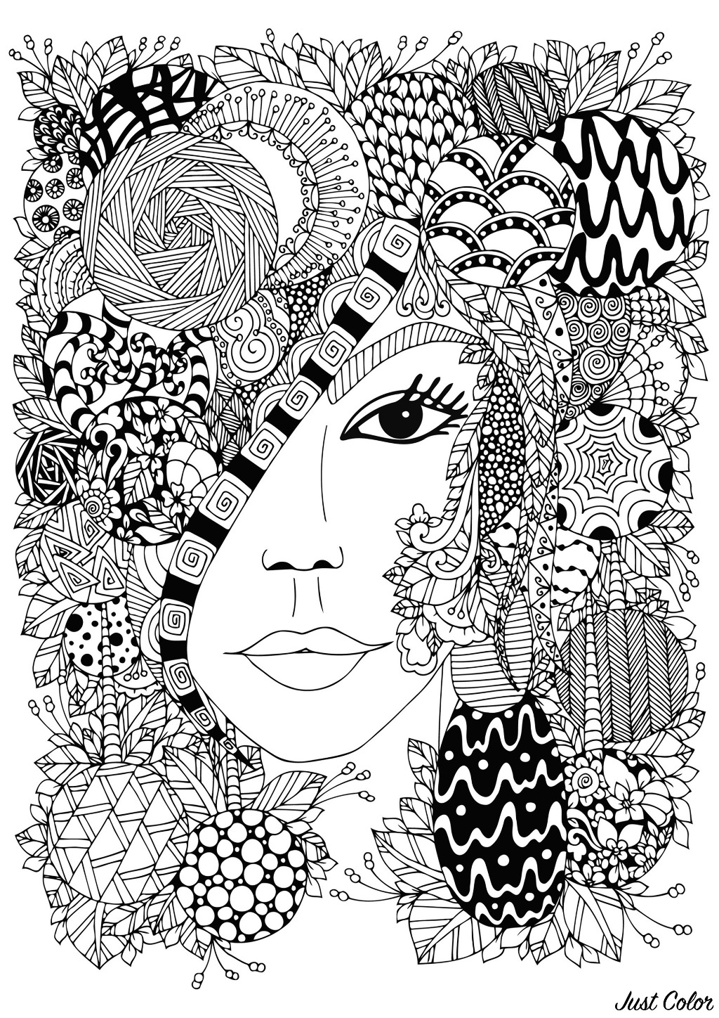 Elegant female face partially hidden by many Zentangle patterns