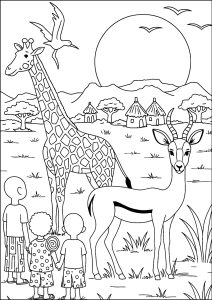Enfants regardant une girafe et une antilope