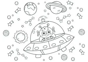 Extraterrestre dans une soucoupe volante au milieu de planètes