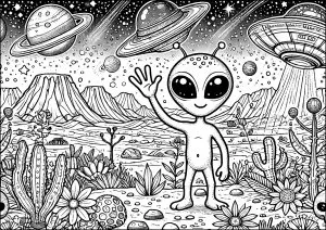 Extraterrestre dans un paysage désertique et volcanique