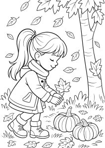 Petite fille récupérant des feuilles mortes
