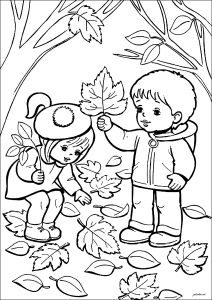 Coloriage très vintage d'enfants ramassant des feuilles en forêt