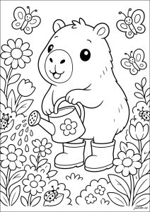 Capybara mignon arrosant des fleurs