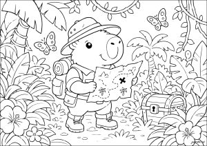Capybara explorateur avec une carte en forêt