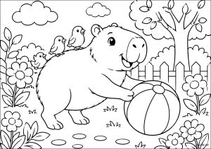 Capybara jouant avec un ballon dans le jardin