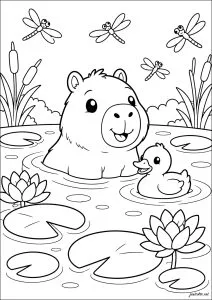 Capybara et canard dans l'étang